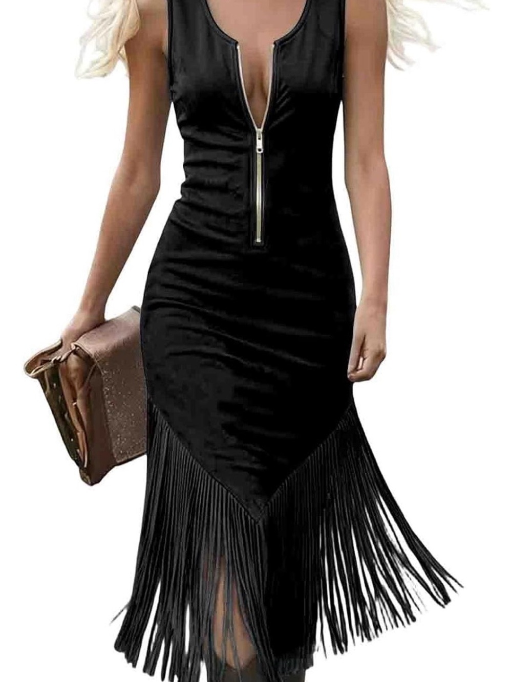 Sleeveless Black Zip-Front Midi Dress with Fringe Hem